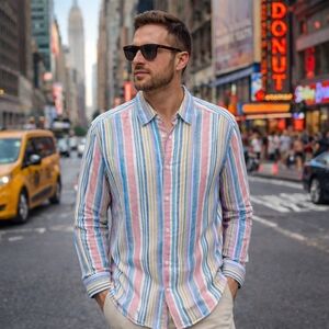Par Simons 100% Linen Striped Button Down Shirt Lightweight Multicolor Casual